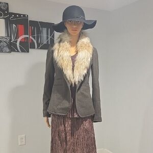 LOFT Green Wool Blazer with Fur Collar